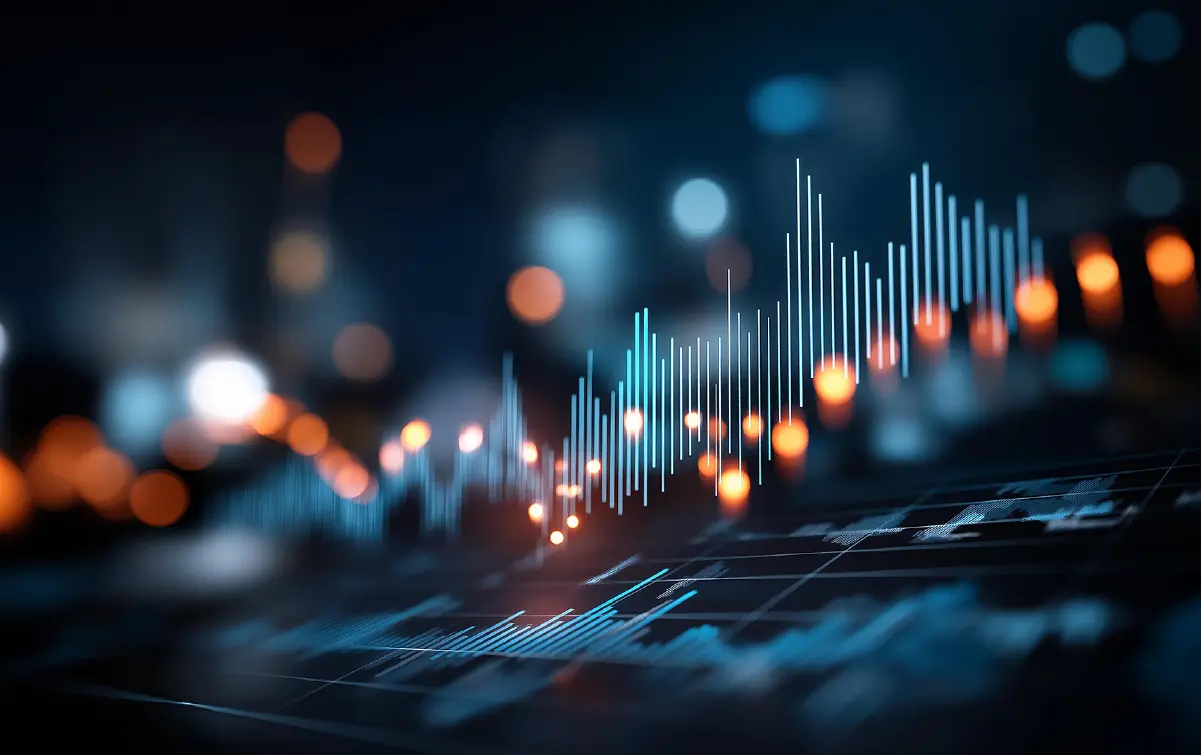 Abstract data visualization showing rising and falling digital charts, representing IT cost analysis and application rationalization decisions.