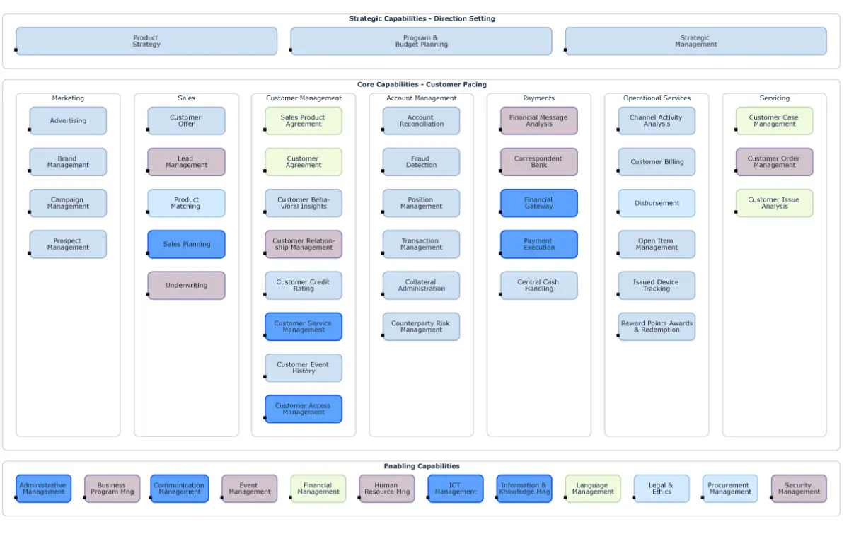 A capability heat map with IT investment levels