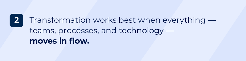 Quote highlighting that enterprise transformation succeeds when teams, processes, and technology move together.